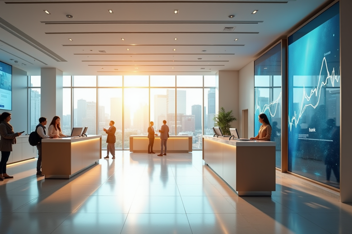 Intérieur lumineux d une agence bancaire moderne avec écrans et employés accueillants