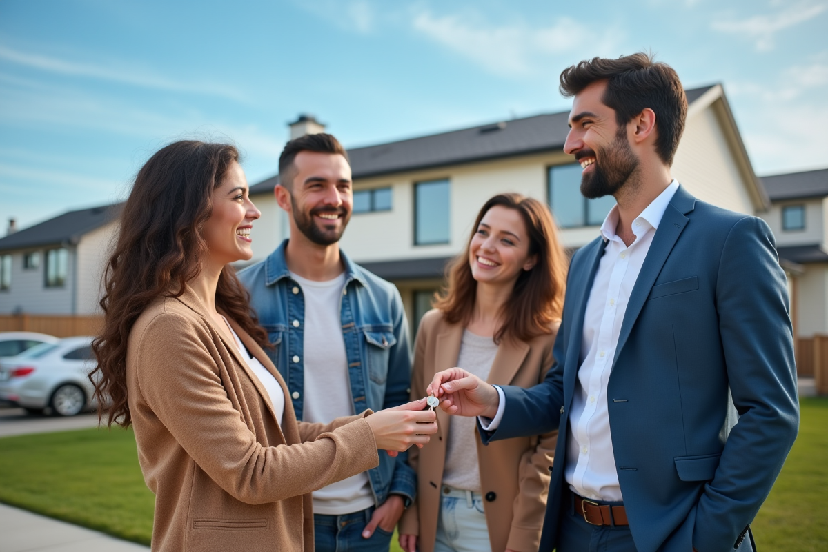 Agent immobilier remettant une clé à une famille heureuse