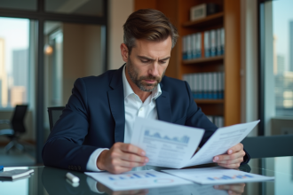 Analyste financier homme en costume dans un bureau moderne