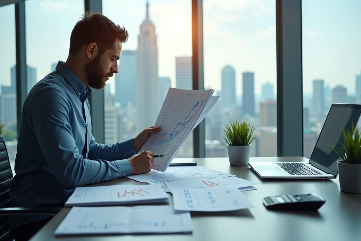 Analyste financier examinant des graphiques et courbes de taux