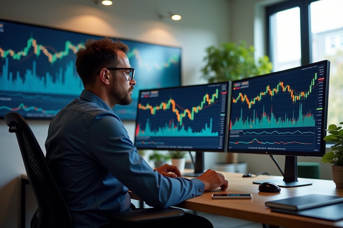Analyste financier examinant des écrans de crypto et blockchain
