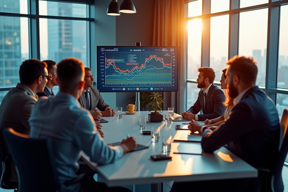 Groupe d analystes financiers discutant autour d un écran Bitcoin 2030