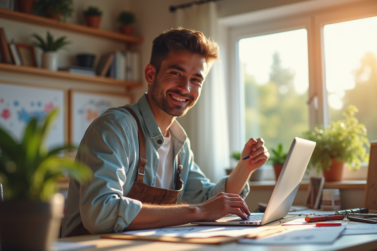 Artiste souriant dans son studio moderne avec paiement