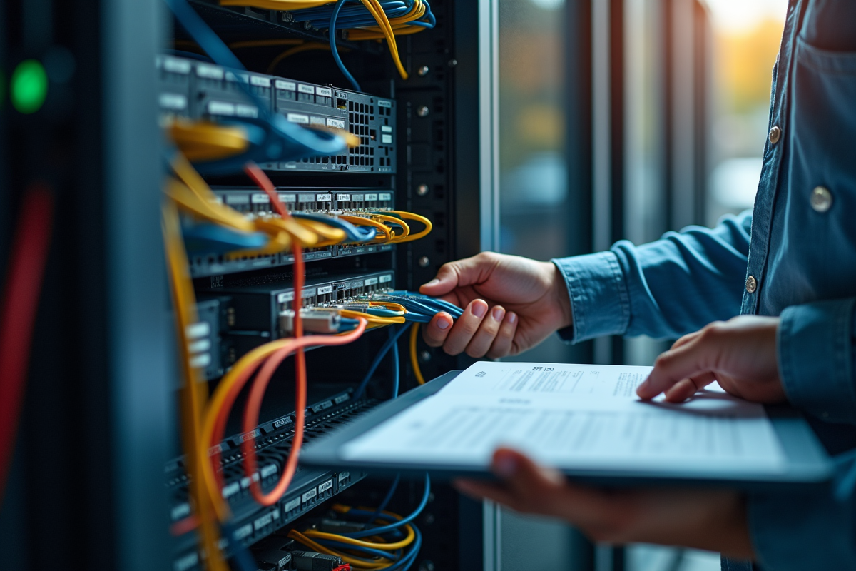 Mains assemblant un rack réseau avec câbles colorés et manuel technique
