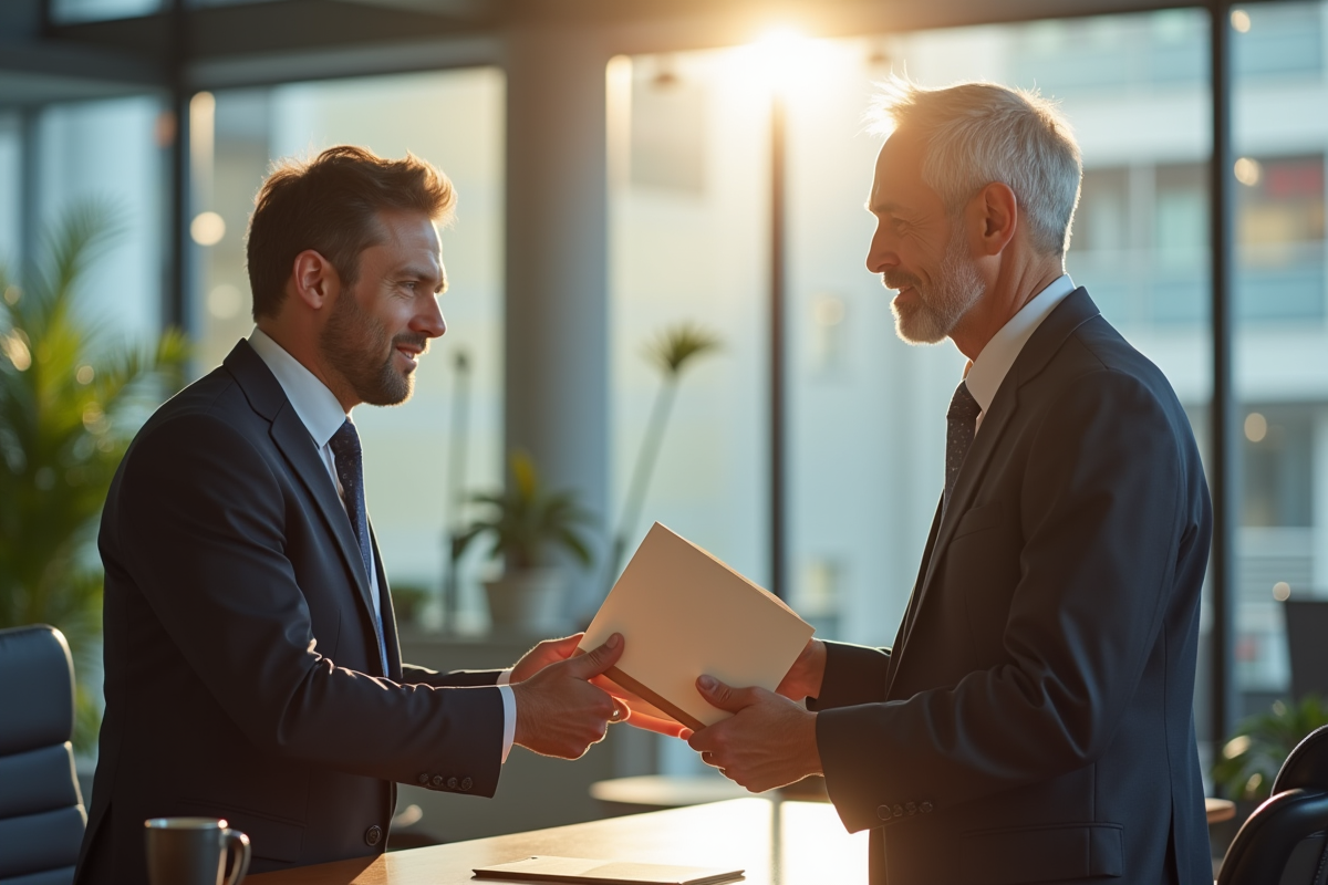 Banquier remettant dossier à homme dans agence bancaire