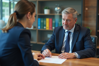 Banquier homme et femme discutant de documents dans un bureau moderne