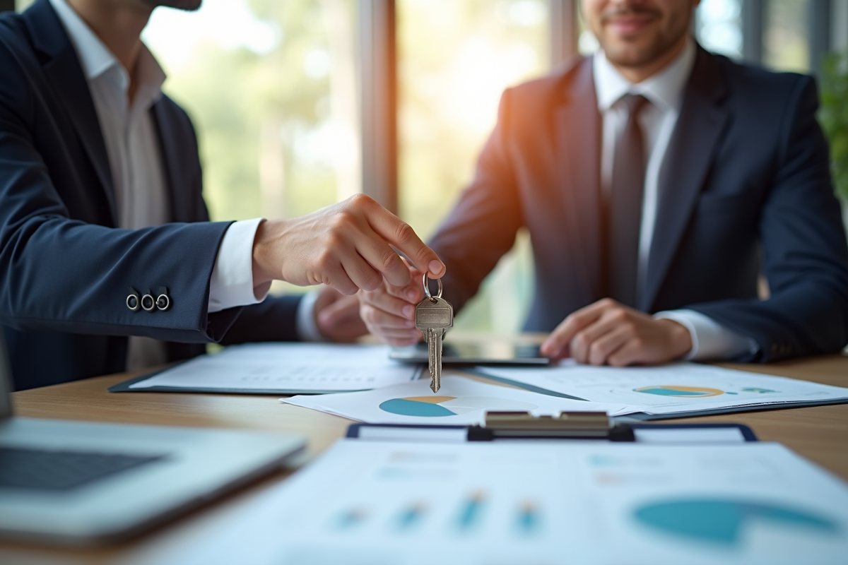 Banquier remet les clés de maison à un client dans un bureau moderne
