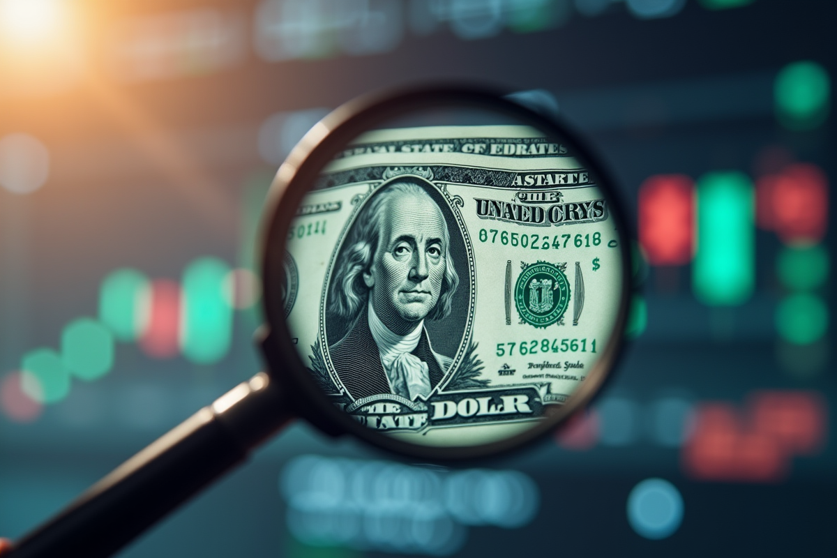 Zoom sur un billet dollar américain sous une loupe avec graphiques financiers