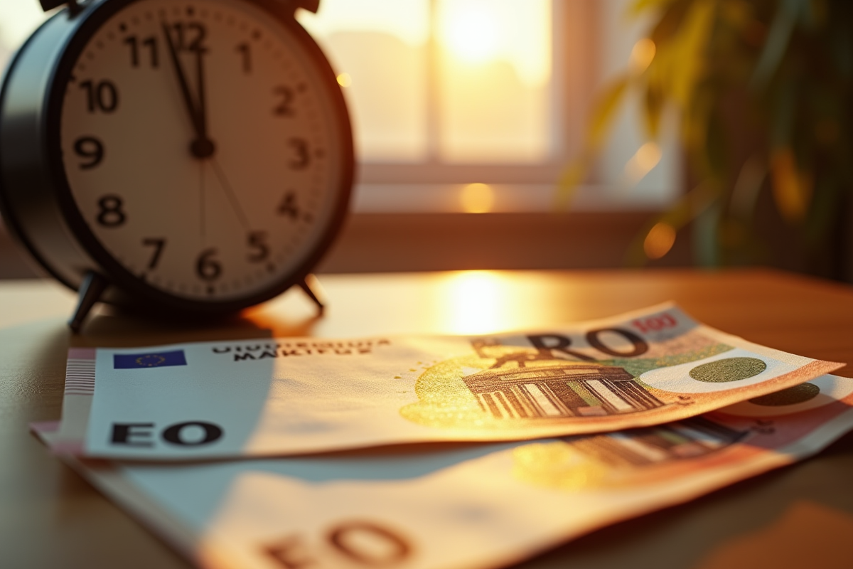 Gros plan sur des billets euro avec une horloge en arrière-plan
