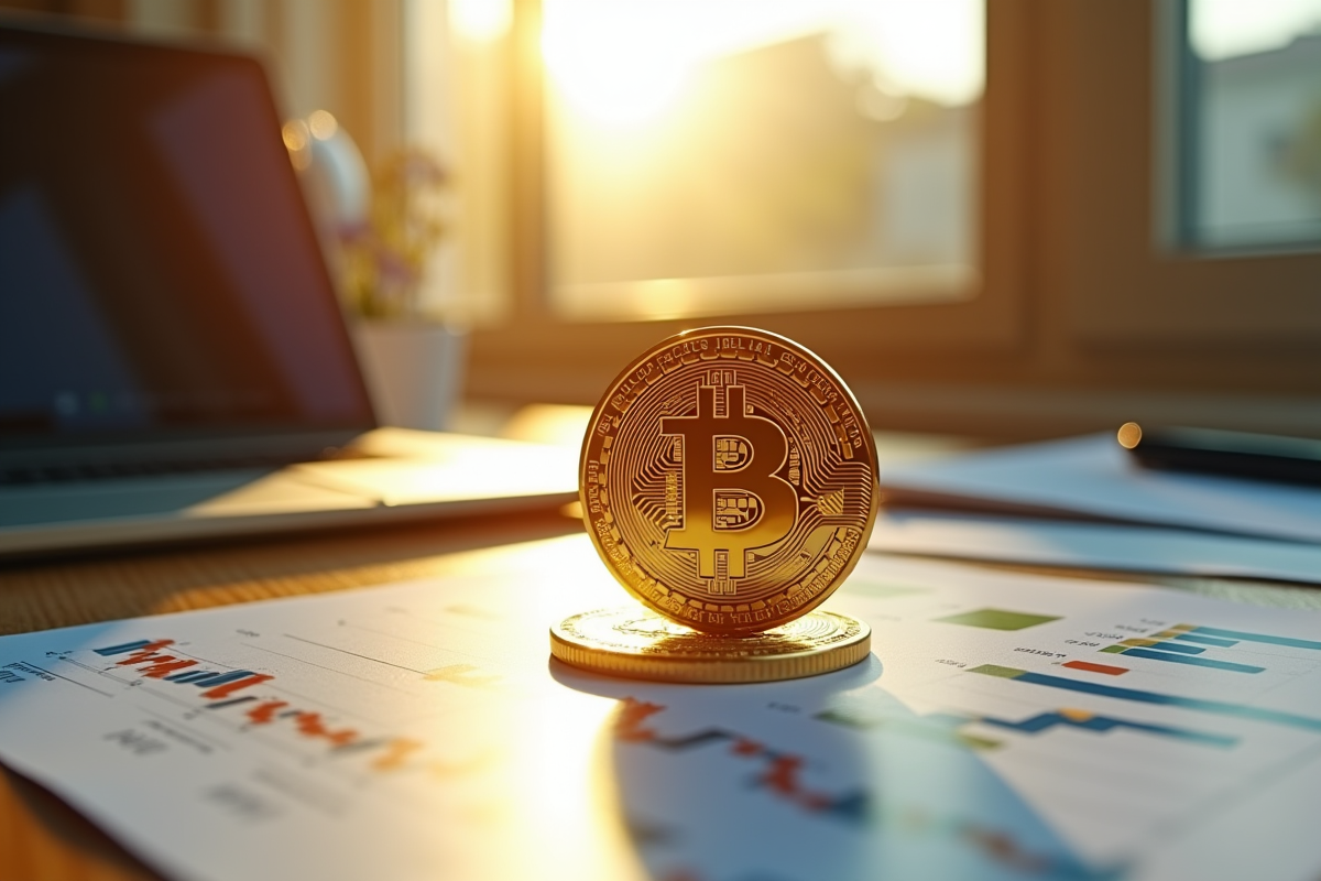 Bitcoin en or avec graphiques financiers et smartphone
