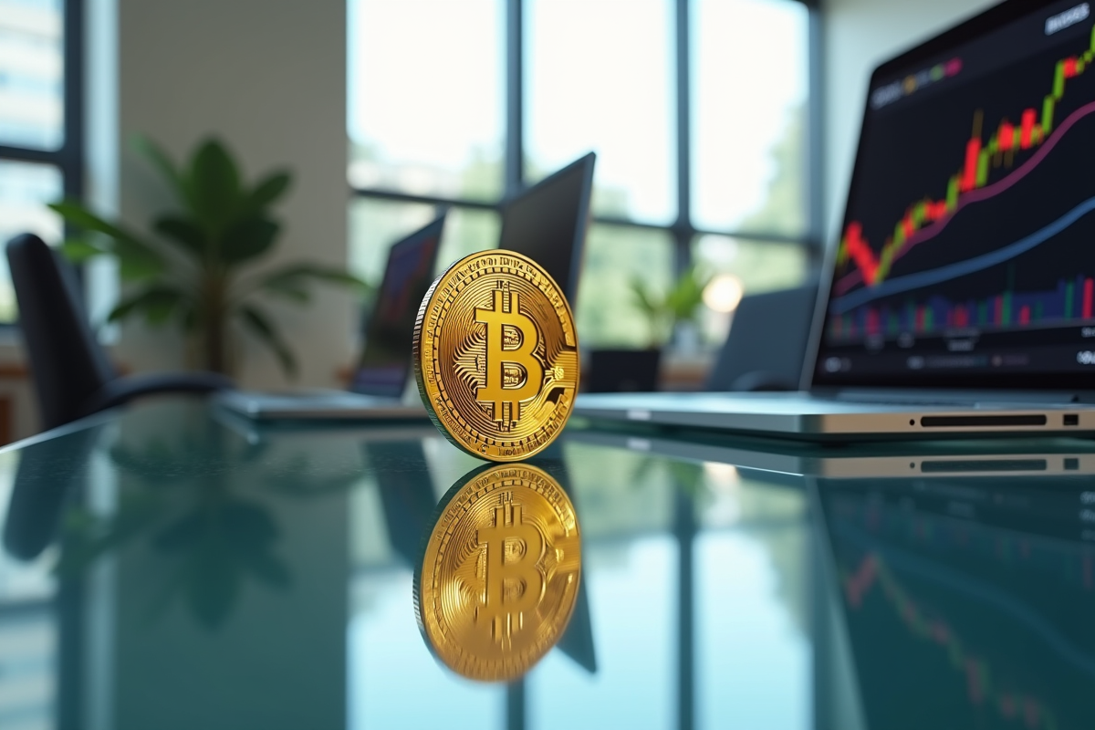 Bitcoin doré sur un bureau moderne avec écrans de marché crypto