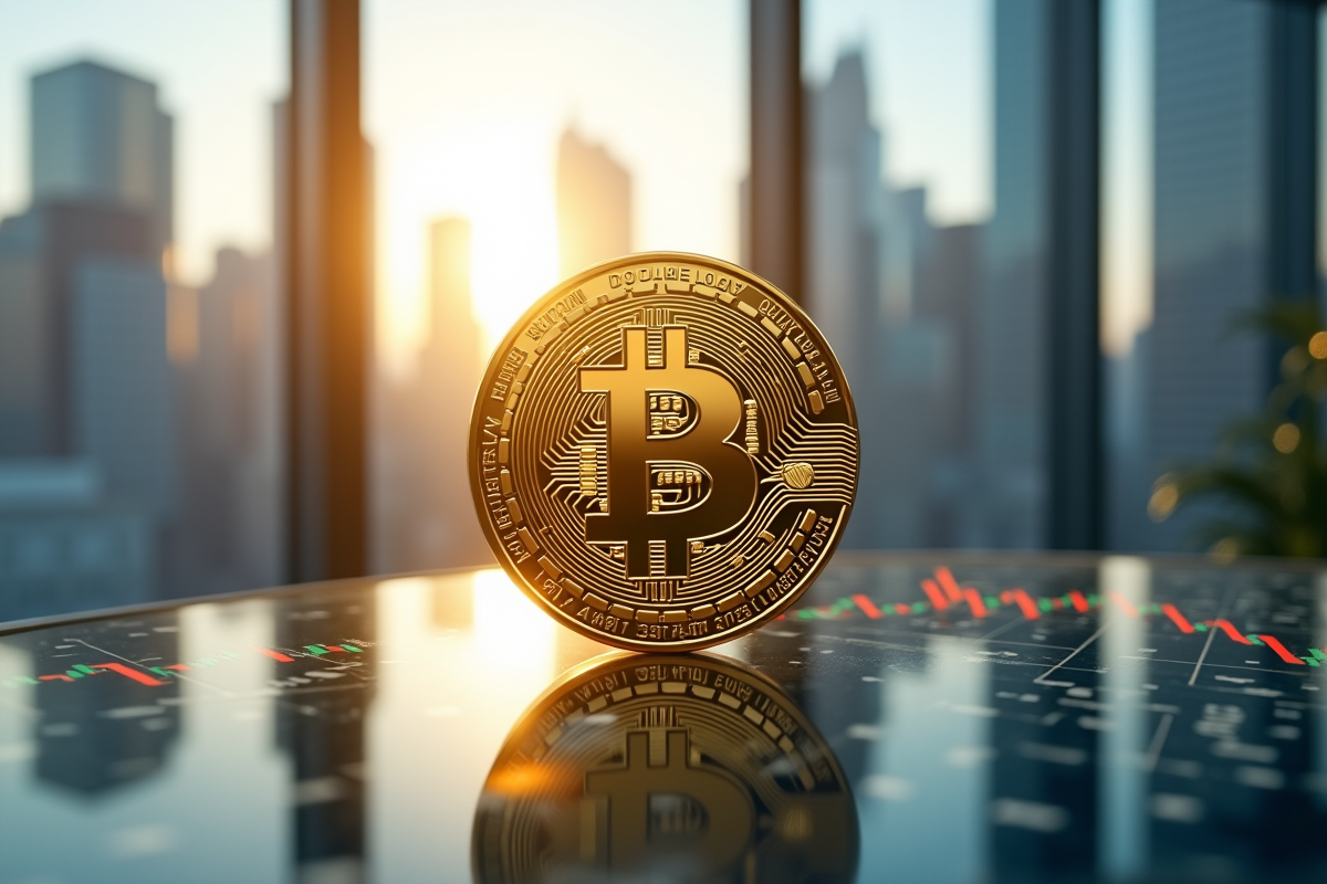 Bitcoin en or brillant sur une plateforme futuriste avec ville et graphiques