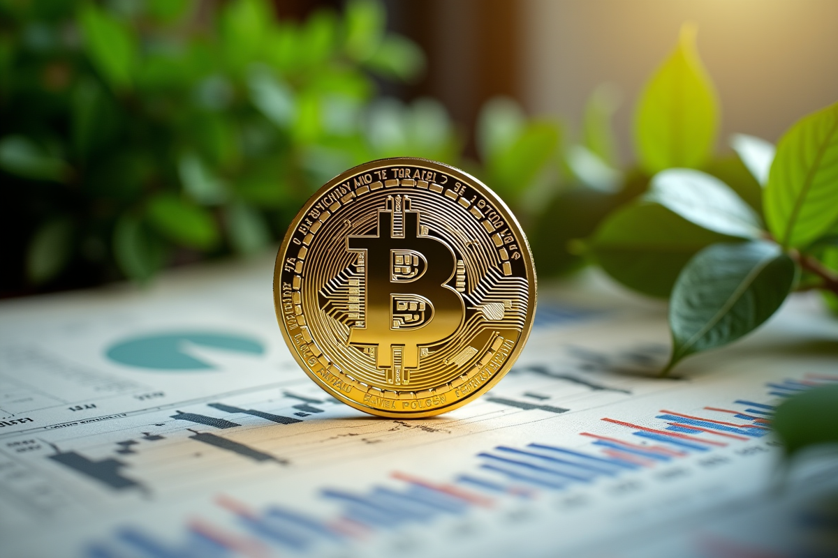 Pièce de Bitcoin brillante sur journal financier avec plantes
