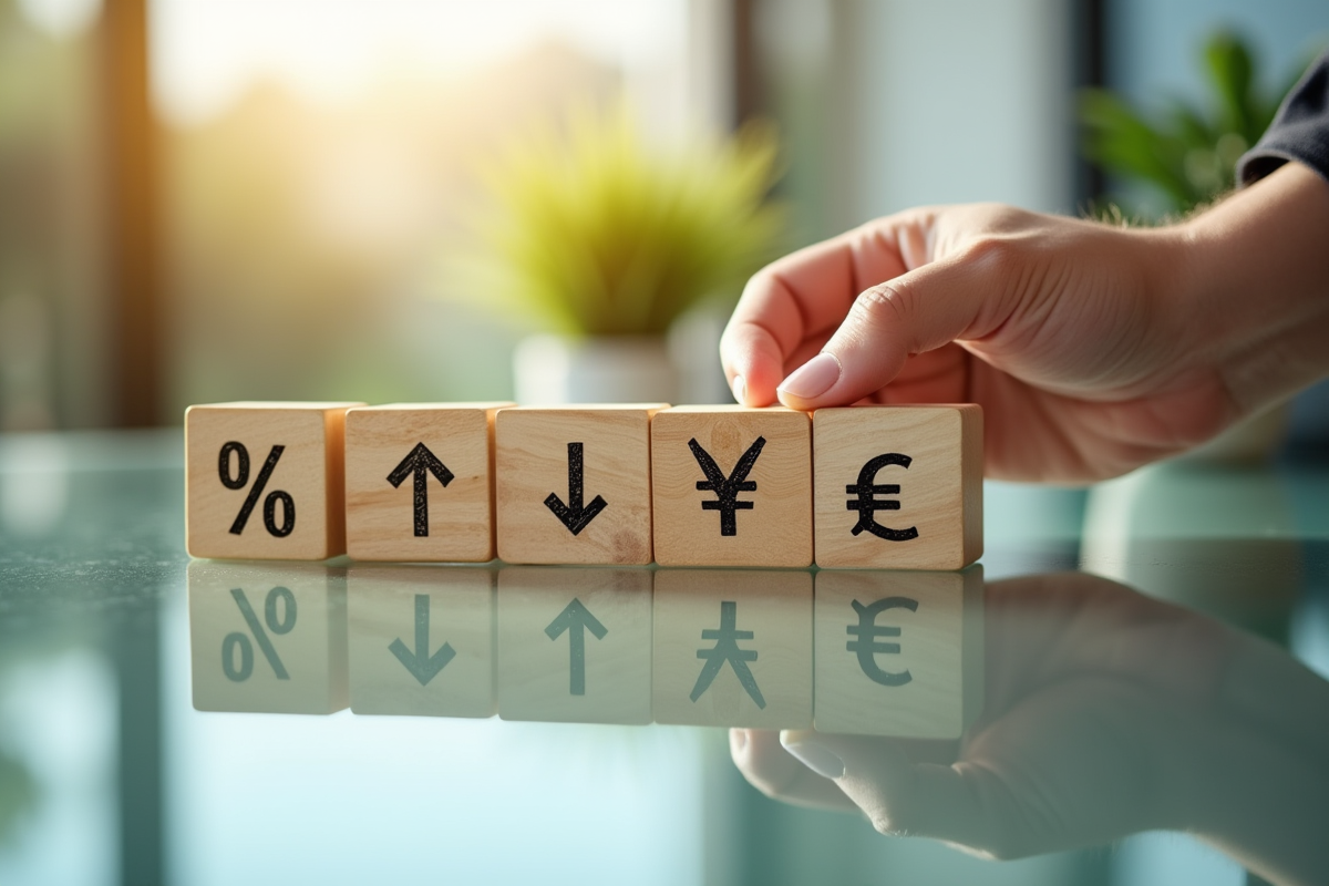 Mains arrangeant des blocs avec symboles financiers sur une table