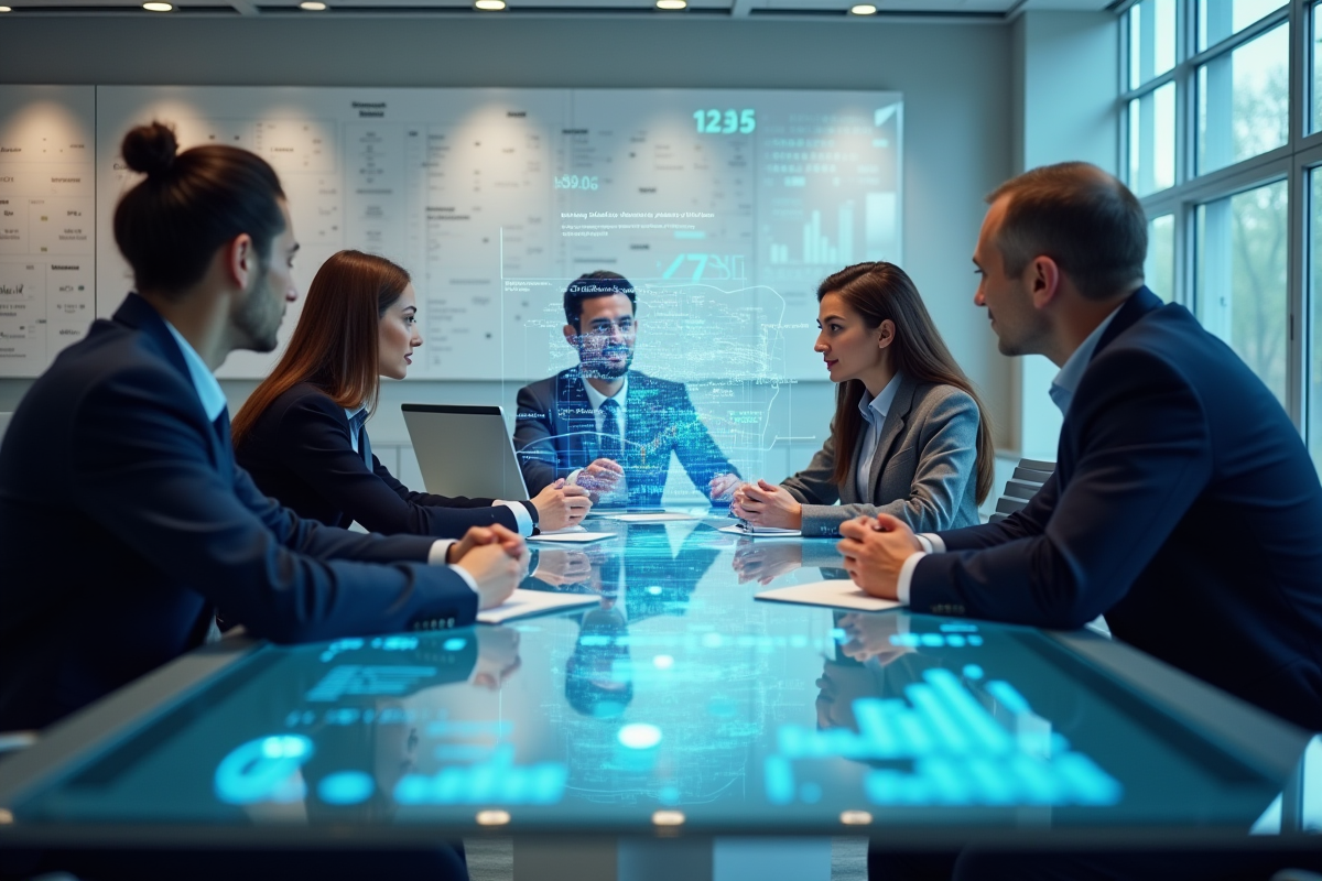 Bureau bancaire moderne avec professionnels et graphiques holographiques
