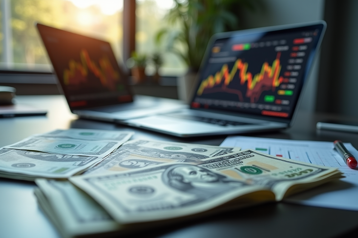 Bureau moderne avec billets de dollar et graphiques financiers numériques