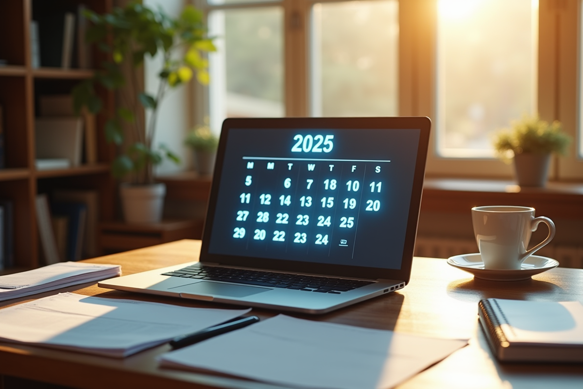 Bureau cosy avec ordinateur calendrier novembre 2025 et café