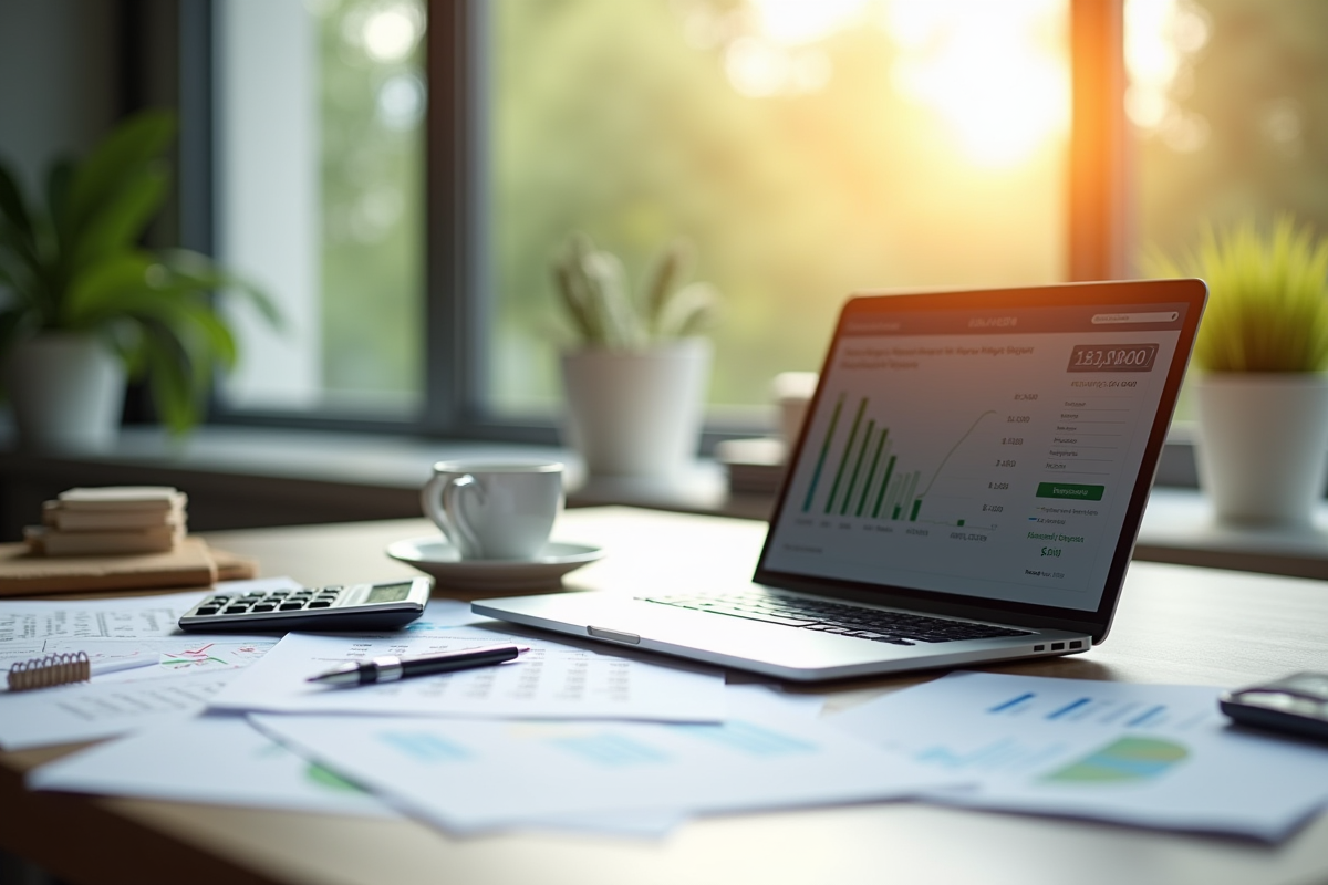 Bureau moderne avec ordinateur et documents financiers pour un prêt immobilier