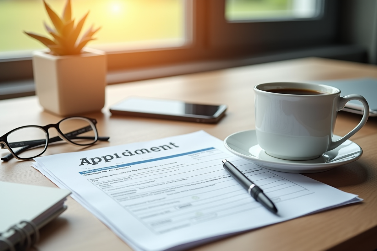 Bureau organisé avec formulaires de retraite et café