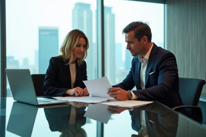 Homme et femme en réunion dans un bureau moderne