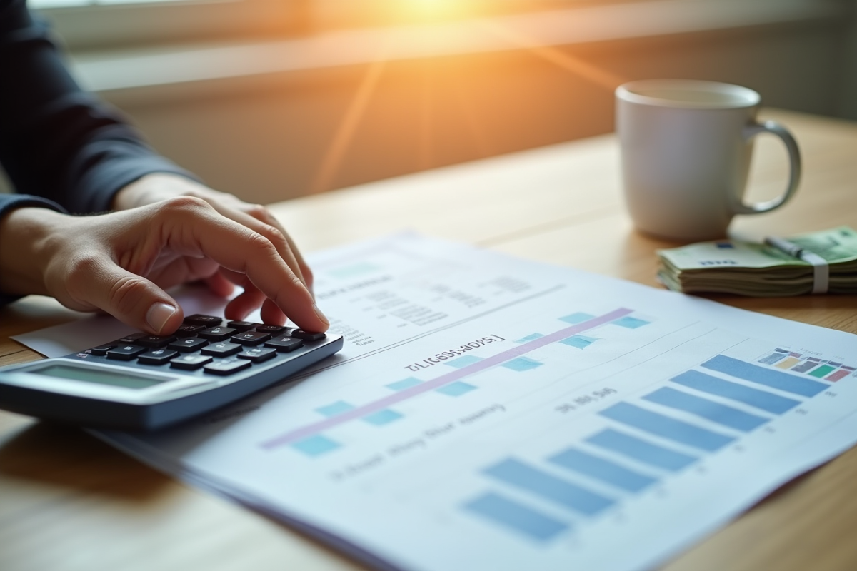 Main tenant une calculatrice sur des papiers bancaires
