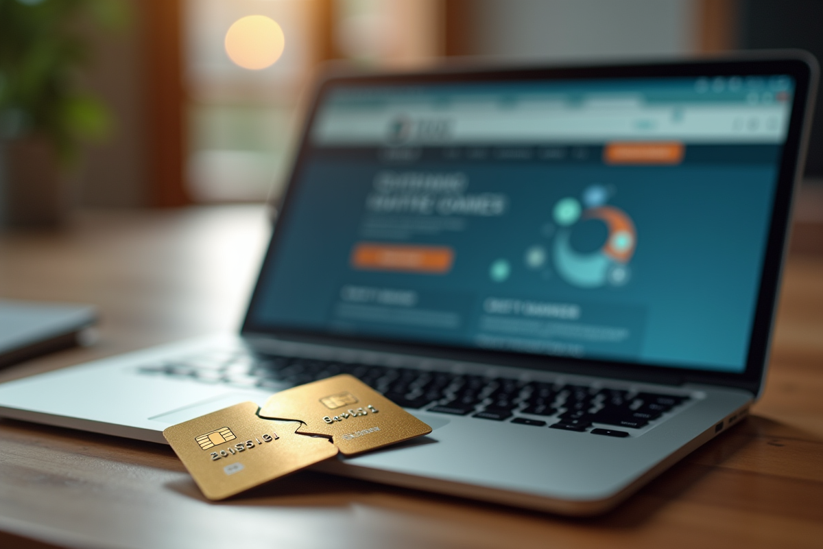 Carte de credit coupée en deux avec ordinateur portable