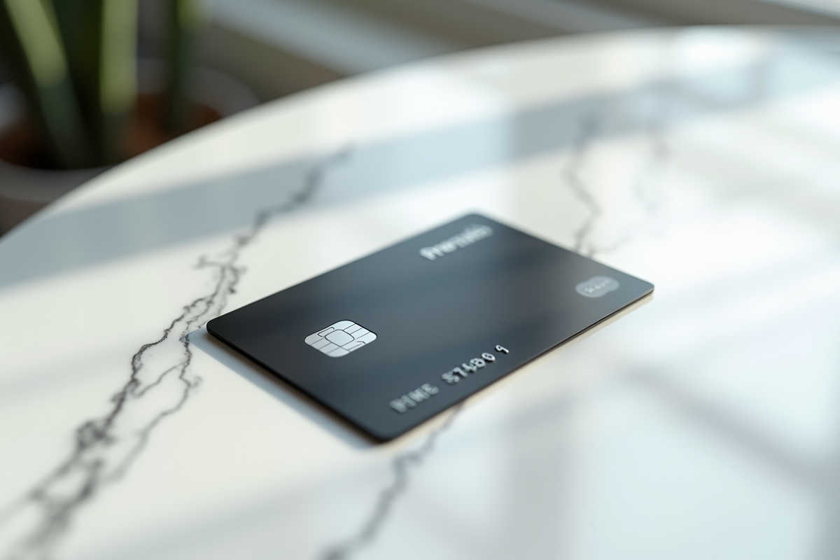 Carte de crédit noire élégante sur une table en marbre blanc
