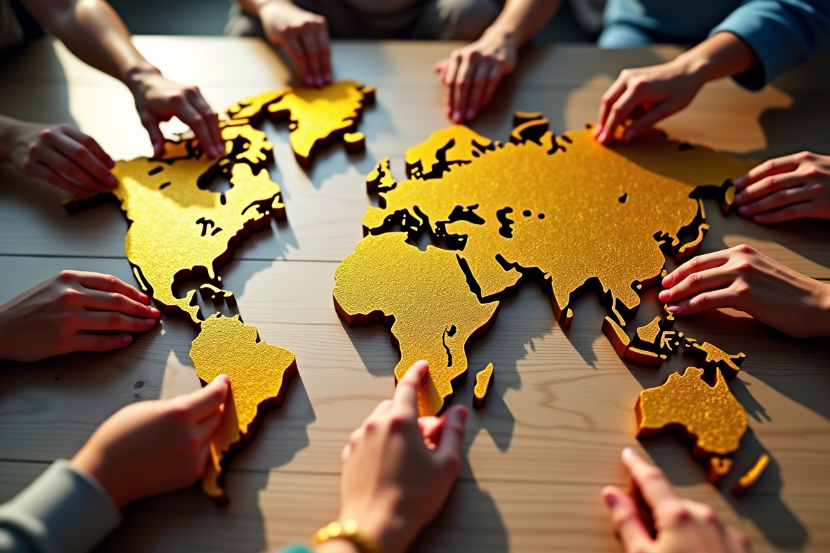 Carte du monde en pièces d or Bitcoin avec mains diverses