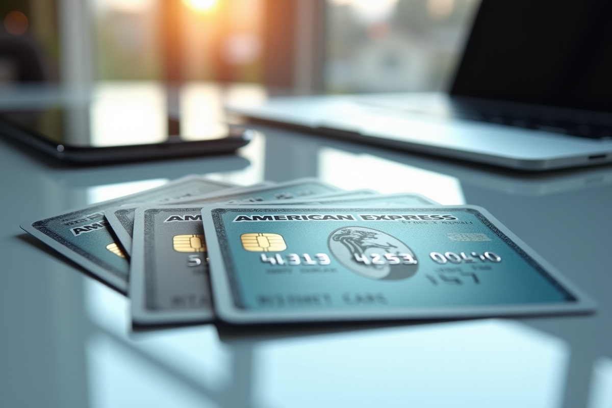 Cartes American Express fane sur un bureau lumineux avec smartphone et ordinateur