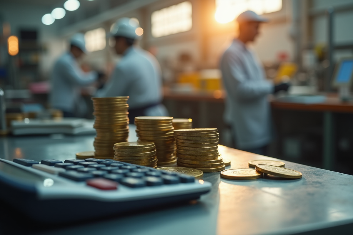 Ligne de production avec pièces et calculatrice en premier plan