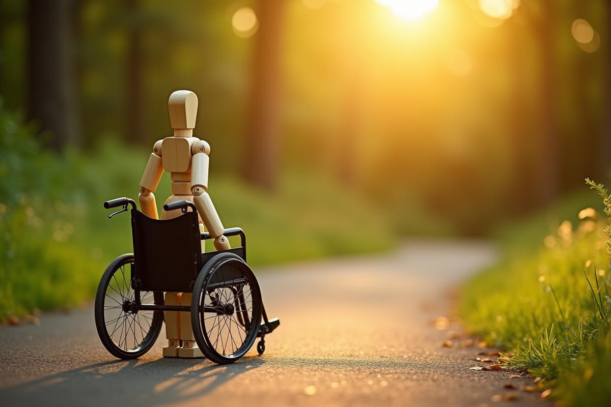 Figure en bois sur un chemin en nature avec fauteuil roulant à côté