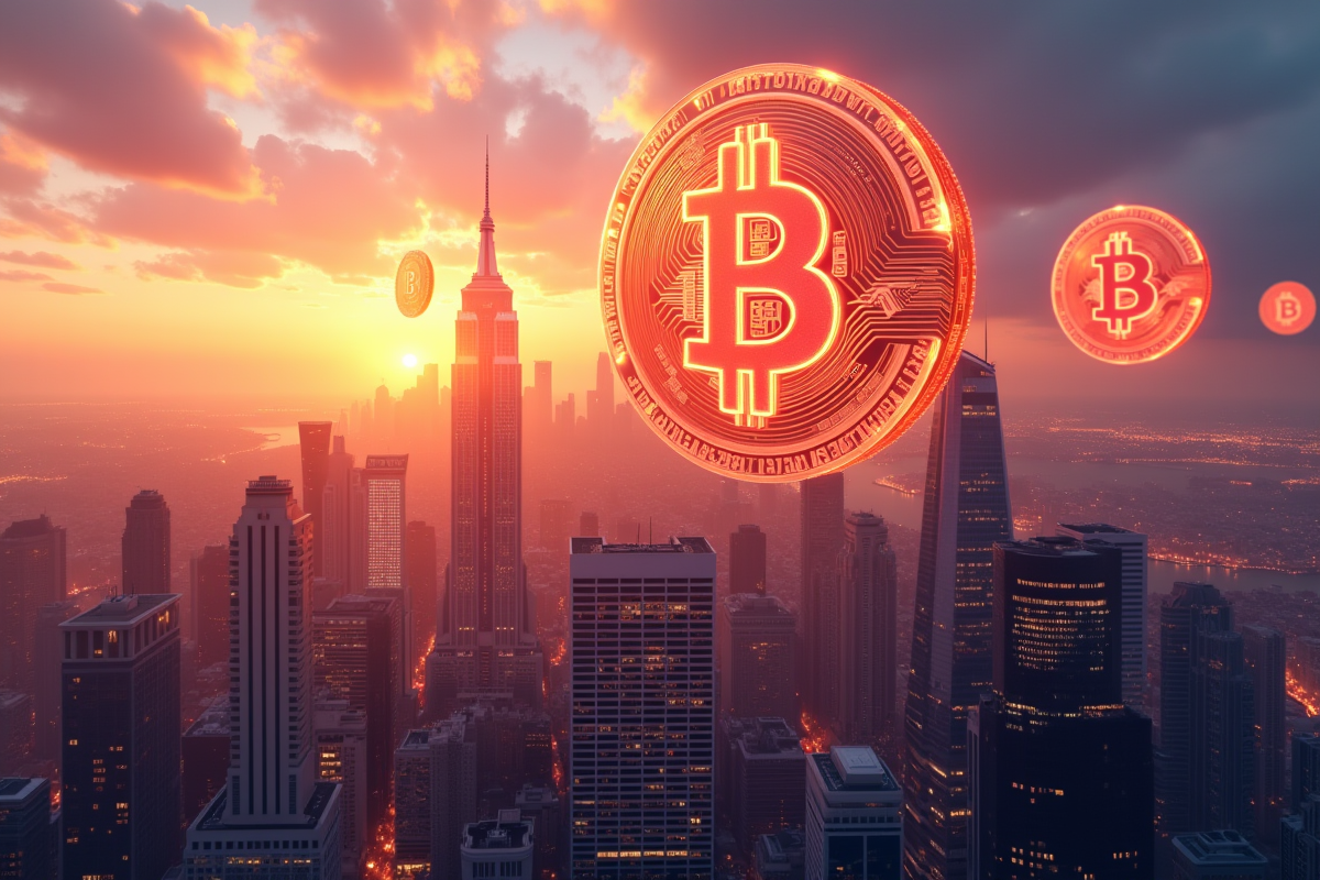Ciel urbain futuriste avec symboles Bitcoin flottants au lever du soleil