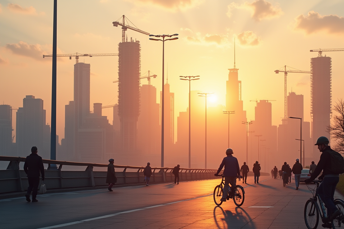Ciel de ville moderne au lever du soleil avec chantiers et piétons