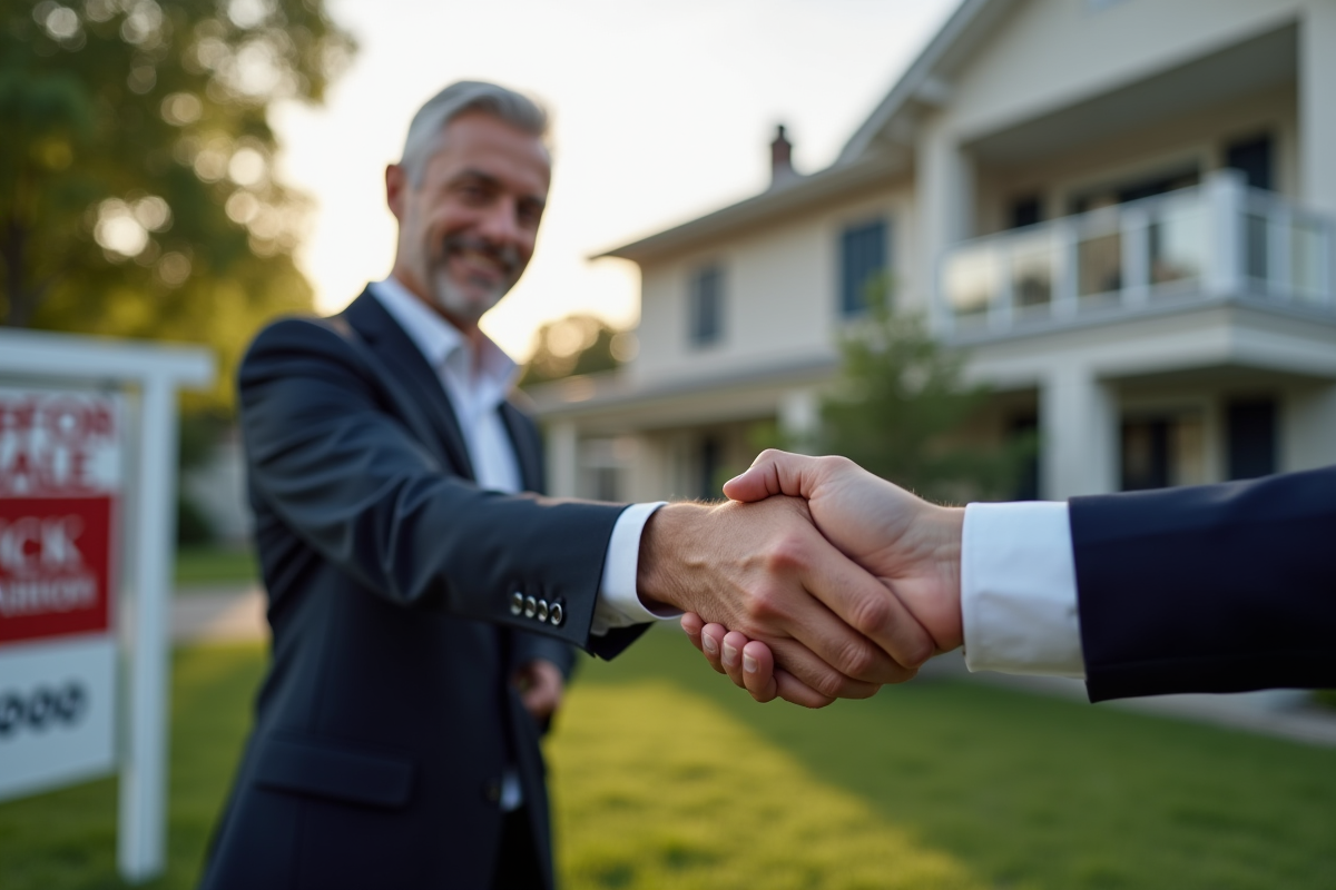 Agent immobilier remettant une clé à un homme souriant