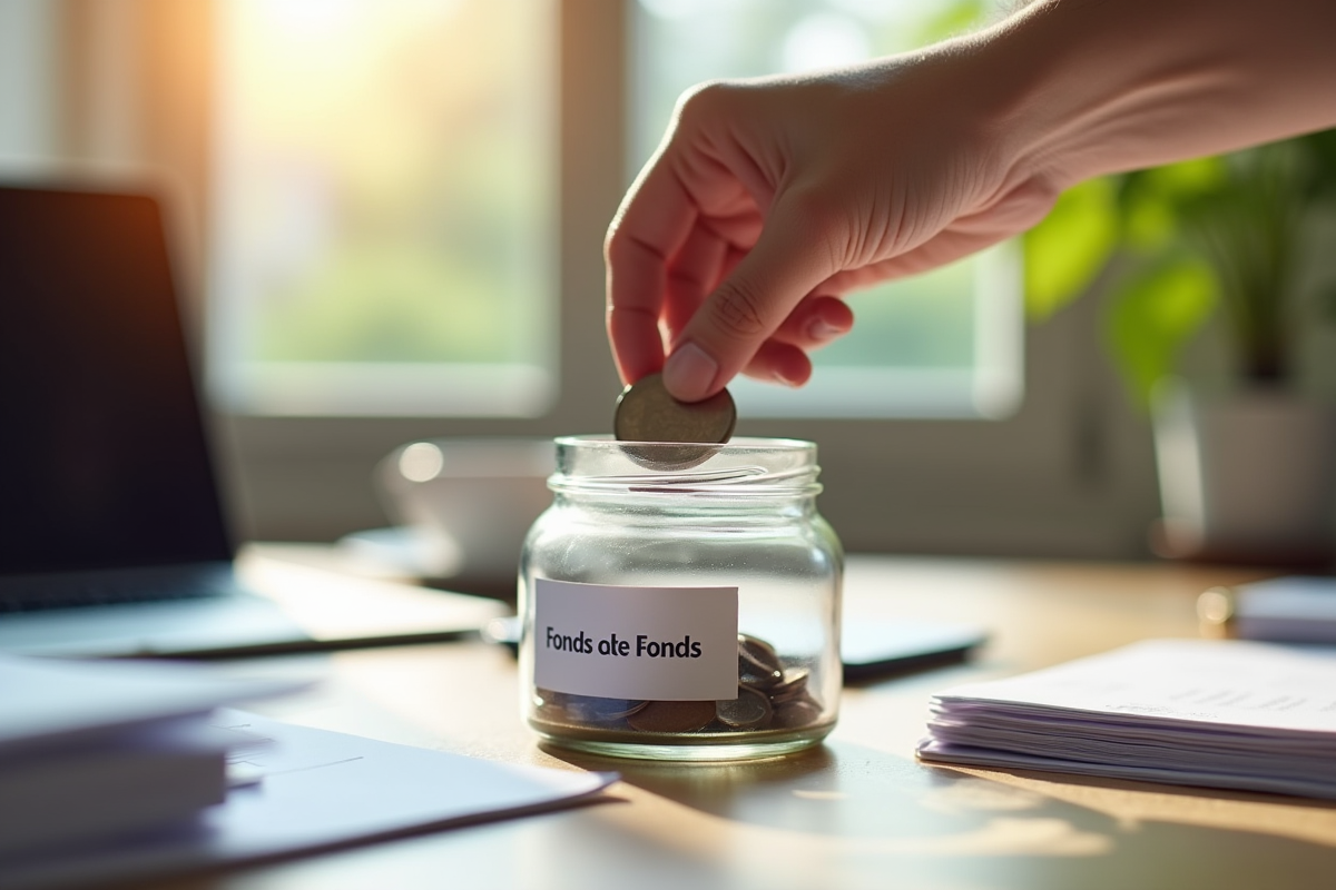 Main déposant une pièce dans un pot Fonds de Fonds sur un bureau