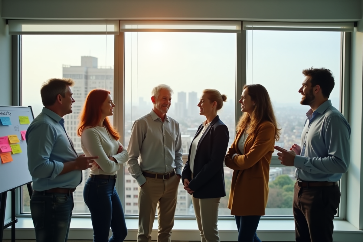 Groupe de collègues discutant de la retraite au bureau