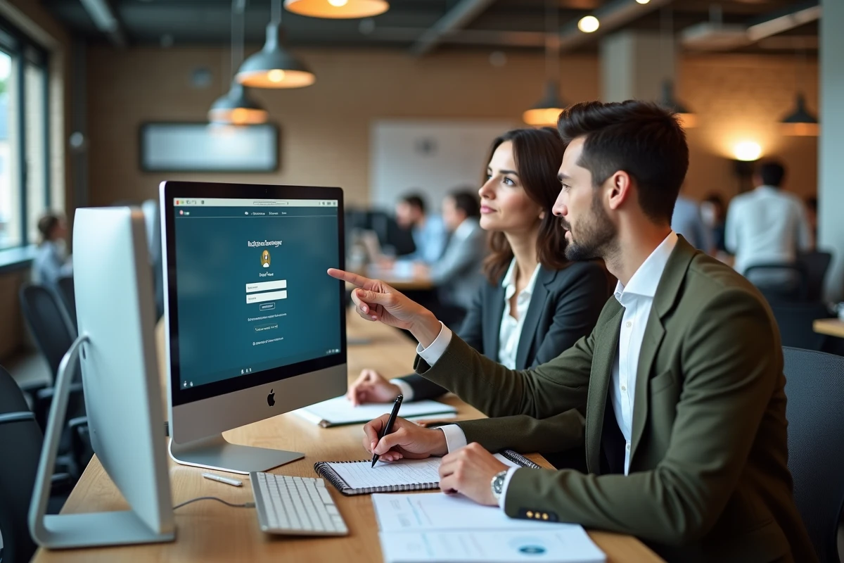Deux collègues comparant les accès CMUT Direct Connexion et l'application Crédit Mutuel sur ordinateur de bureau en open space