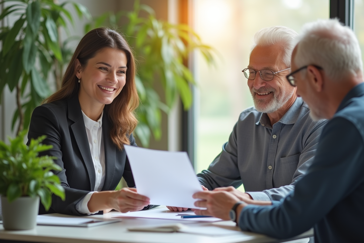 Conseiller financier souriant avec un couple senior dans un bureau lumineux