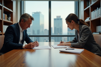 Couple d'affaires réfléchissant avec documents et alliances