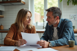 Une femme et un homme discutent de documents dans une cuisine moderne
