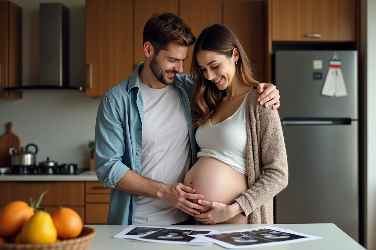 Couple dans la cuisine regardant échographies