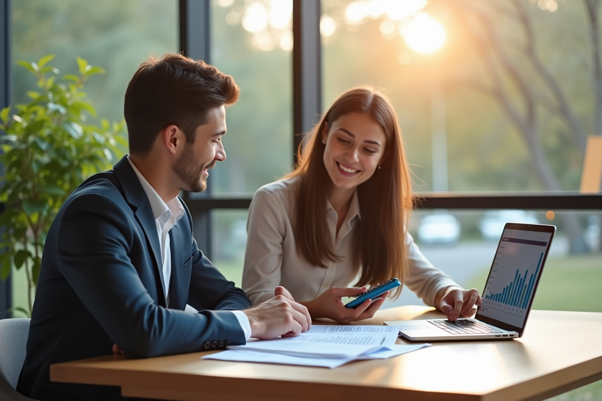 Jeune couple professionnel examinant des documents financiers