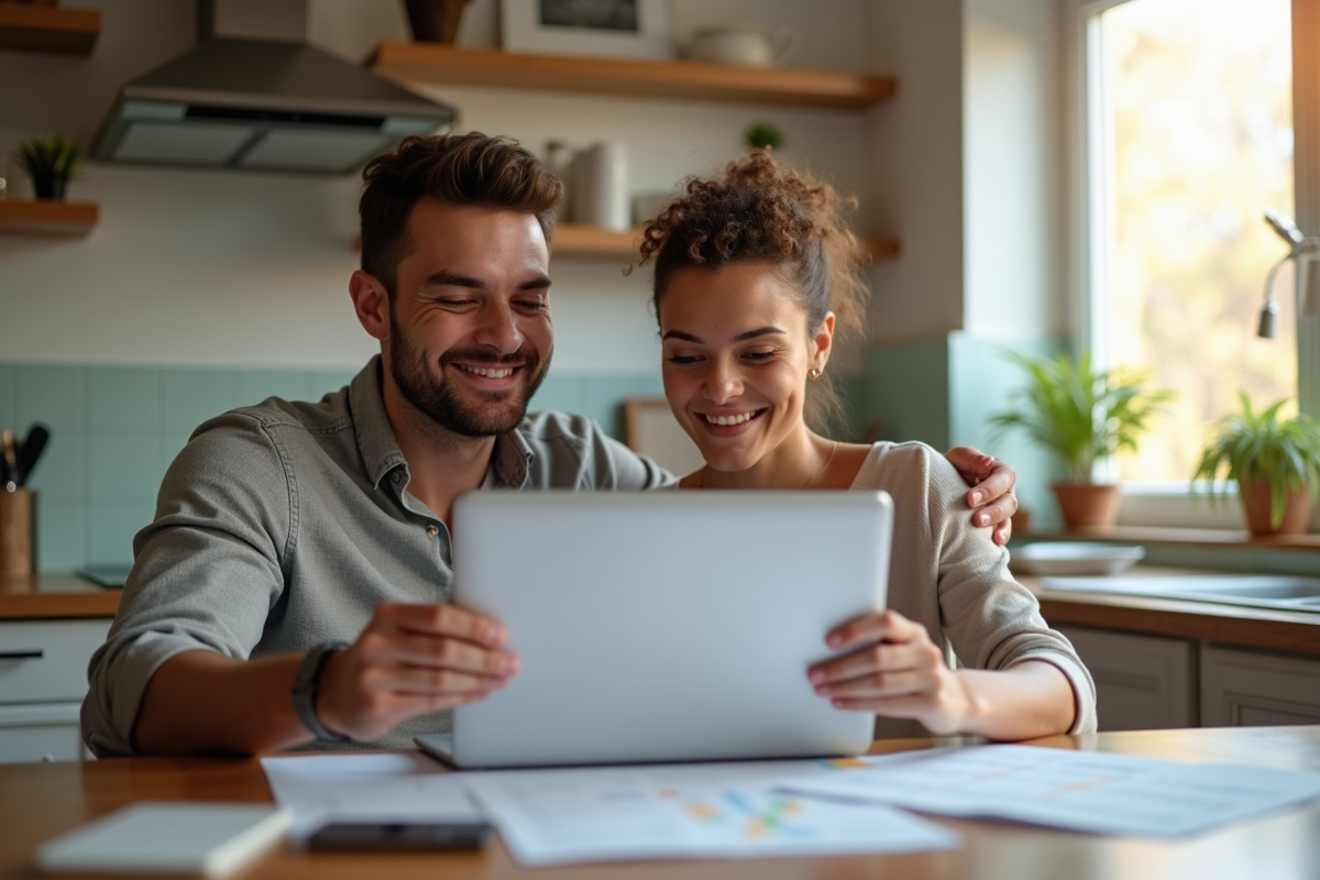 Jeune couple au lit de finances lumineux et serein