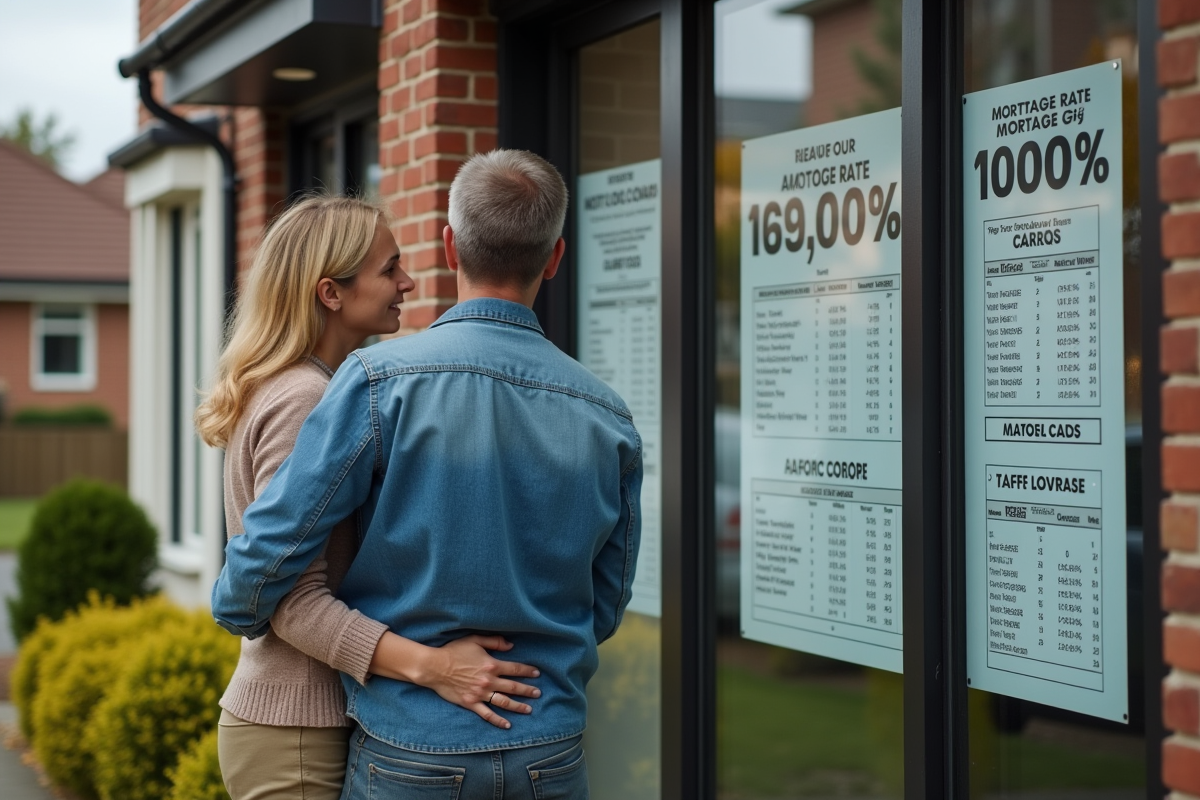Couple regardant les taux hypothécaires devant une agence immobiliere