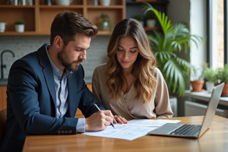 Couple en train de lire des documents de prêt immobilier dans un appartement lumineux