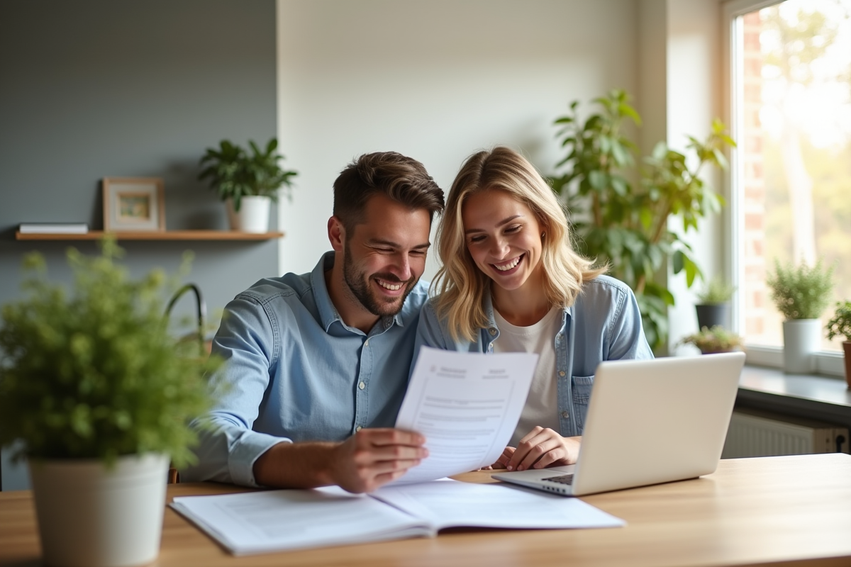 Jeune couple planifiant ses finances à la maison