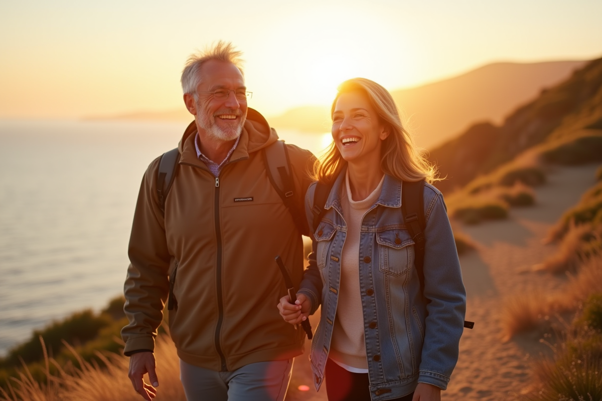 Couple de randonneurs souriants au bord de la mer au lever du soleil