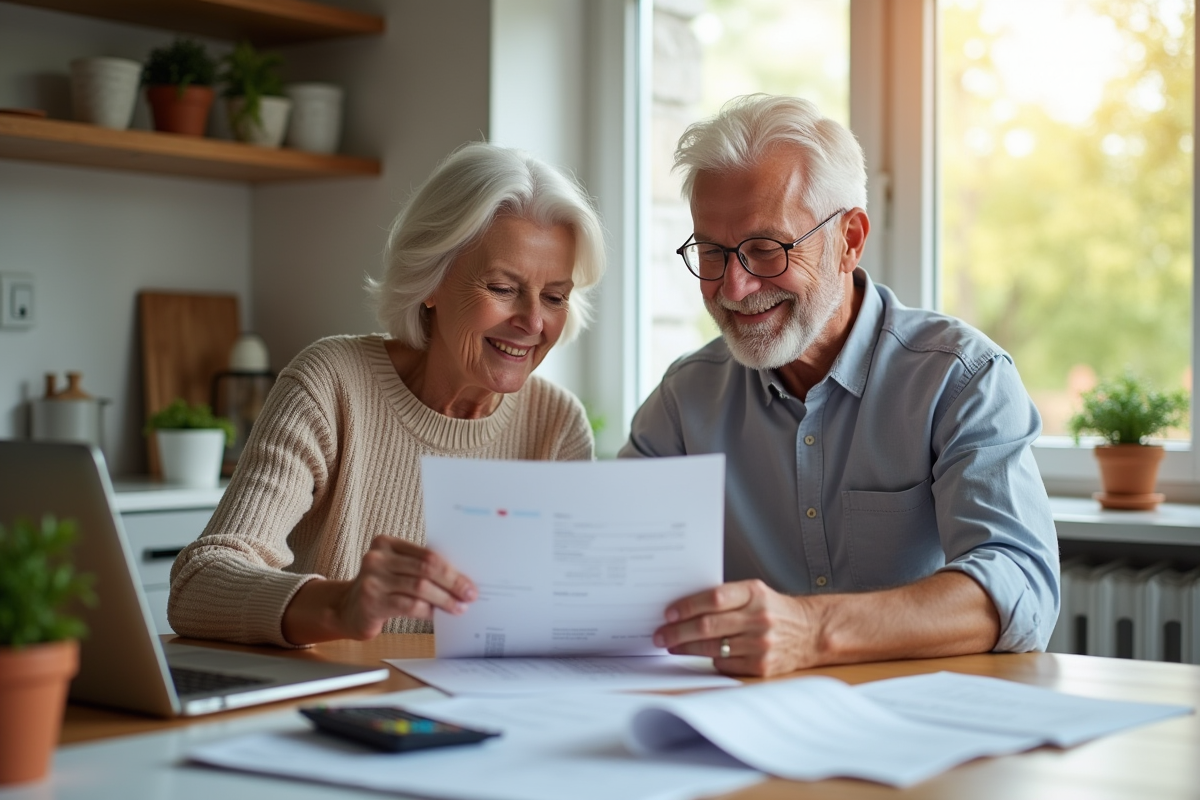 Couple retraité souriant examinant des documents financiers