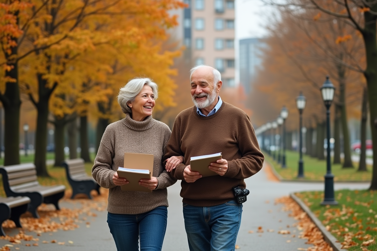 Couple retraité marchant dans un parc en automne avec cahiers et calculatrice