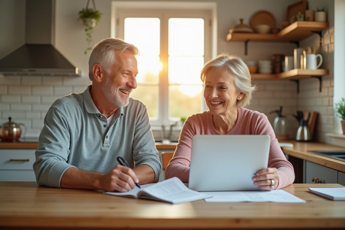 Couple souriant planifiant sa retraite avec documents et ordinateur